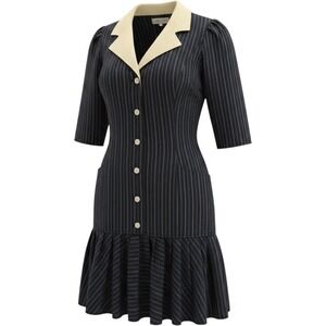 Ungaro Vintage Pinstripe Drop Waist Dress Ruffle Hem Gold Button Women's